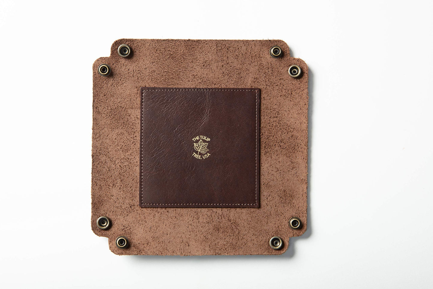 American Made Premium Leather Valet Tray, Folds Flat! Dice Rolling Basket and Organizer with Brass Rivets (Dark Walnut Brown, Medium)
