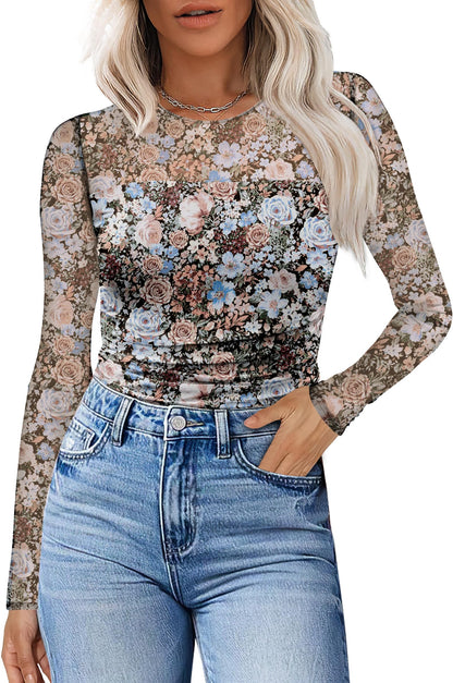 XIEERDUO Women's Sexy Sheer Long Sleeve Tops Crew Neck Mesh Ruched Going Out Shirts Blouse Date Night Outfits