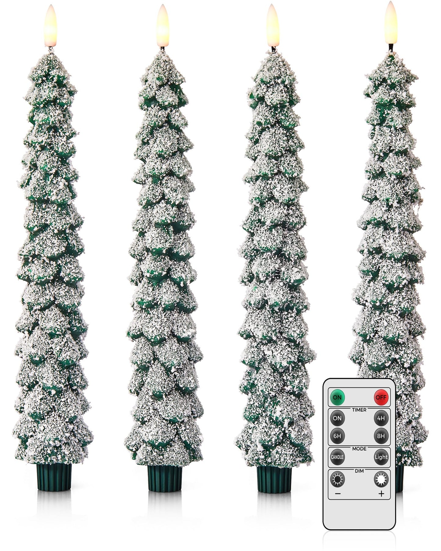 Velsyn 4 Pack Christmas Tree Candles Covered in Snow with Remote, 11 Inch Real Wax flameless Taper Candles, LED Candle Battery Operated with 3D Flickering Flame, Green Candlesticks Christmas Decor