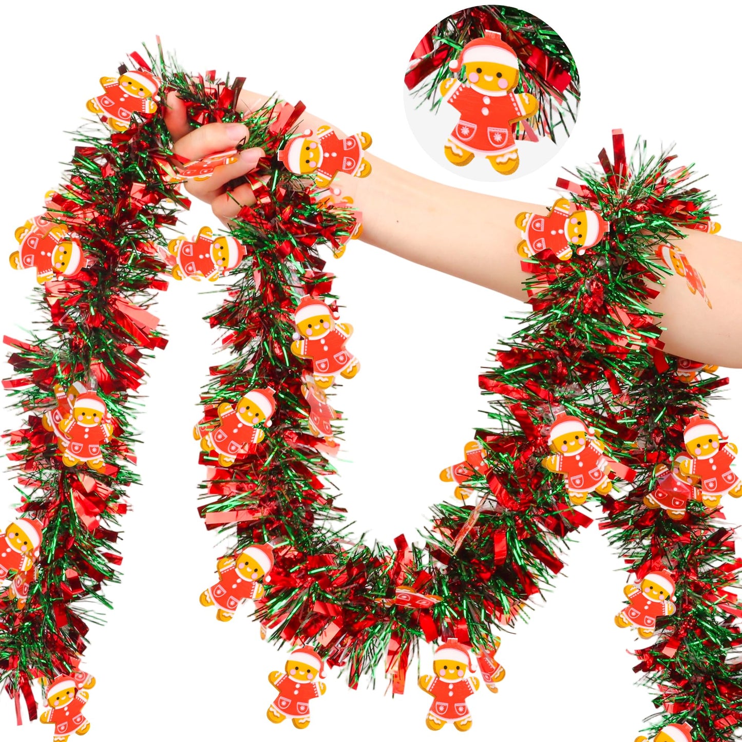 50FT Red Green Christmas Tinsel Garland with Gingerbread Man Ornaments, Thick Metallic Twist Xmas Garland for Tree Decorations Fireplace Mantel Home Office Stair Party Indoor Outdoor Holiday Decor