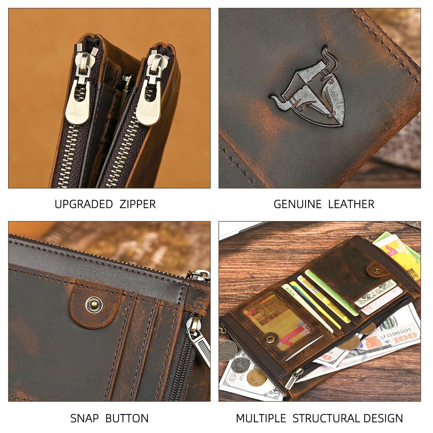Handadsume Oil Wax Genuine Leather Travel Gift Coin Pocket Card Case Vertical Chain Rfid Wallet Purse With Snap For Men Male 1802 (Brown)