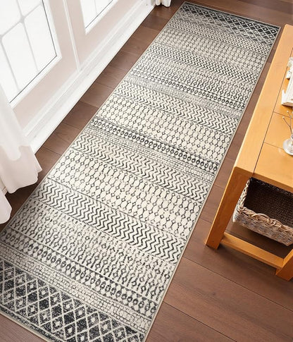 Washable Runner Rugs for Hallway 2'6"x10',Soft Non Slip Moroccan Black Area Rug,Low Pile Long Kitchen Runner Rug Carpet Runners for Entrance Bedroom Living Room