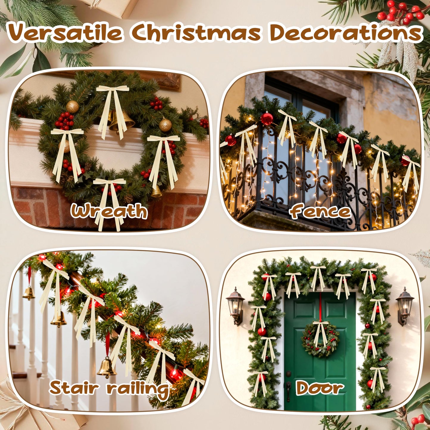 CUPLOOV 24pcs Velvet Bows for Christmas Tree, Pre-Tied Beige White Bow for Xmas Trees Wreaths Gifts Wedding Indoor Outdoor Neutral Decorations, 5 x 7 Inch
