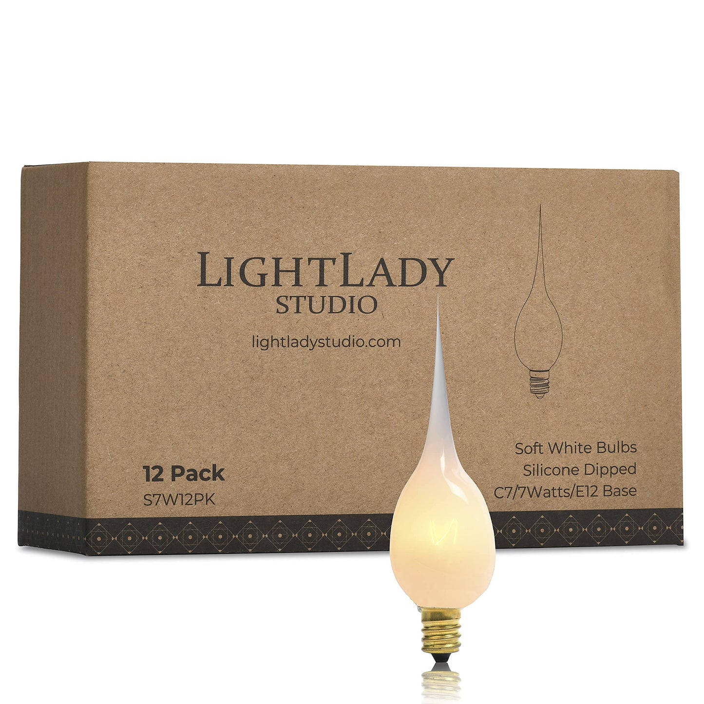 LightLady Studio Silicone Light Bulbs for Candle Lamps, 7 Watts, 12 Pack Dipped Candle Bulbs for Window Candles, Candelabra, Handmade White Flame Shaped Design