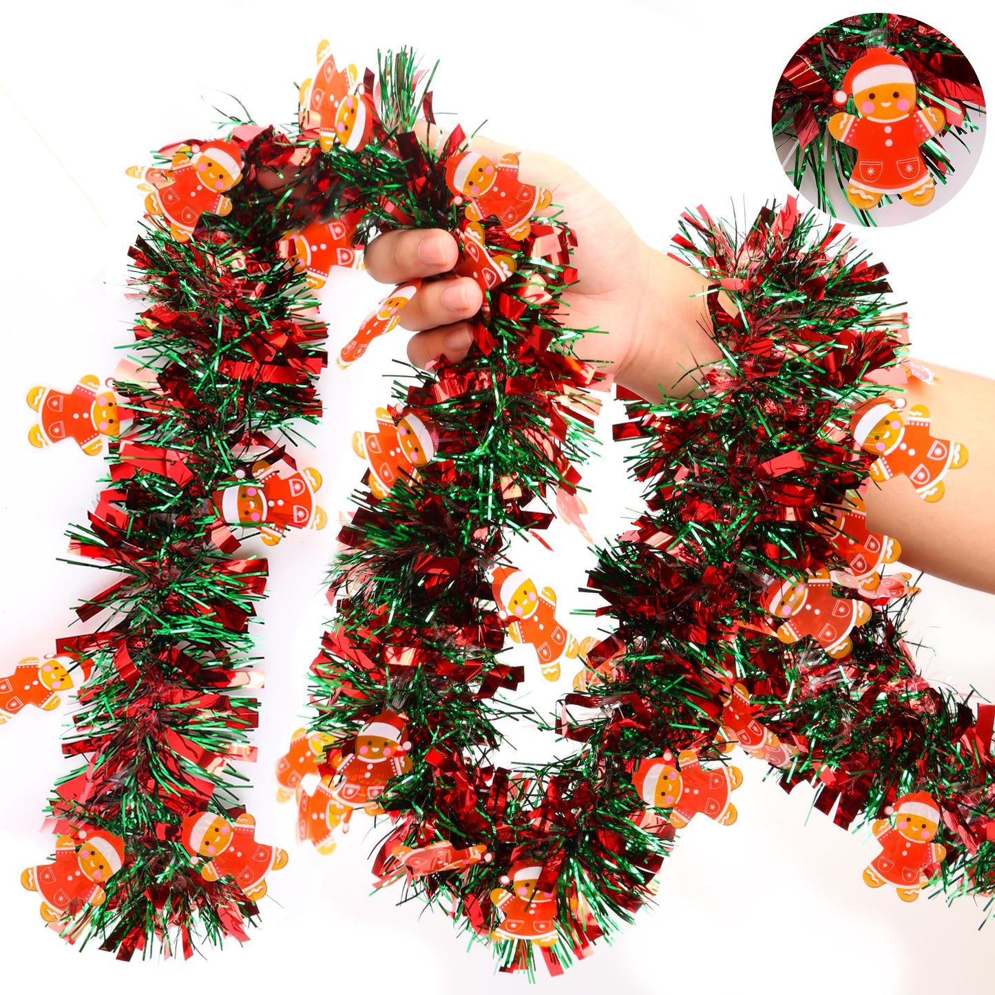 Christmas Garland Decorations 33 FT Red Green Christmas Tinsel Garland with Gingerbread Man Ornaments, Metallic Christmas Tree Garland Indoor Outdoor for Home Mantle Fireplace Xmas Holiday Party Decor