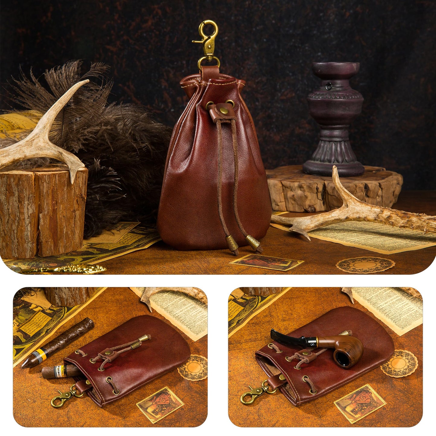 CHULEAG Vintage Medieval Drawstring Belt Pouch, FULL-GRAIN Leather, handmade, portable coin&dice purse with keychain. (Big)