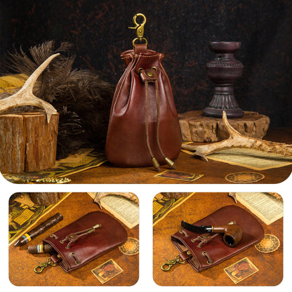 CHULEAG Vintage Medieval Drawstring Belt Pouch, FULL-GRAIN Leather, handmade, portable coin&dice purse with keychain. (Big)