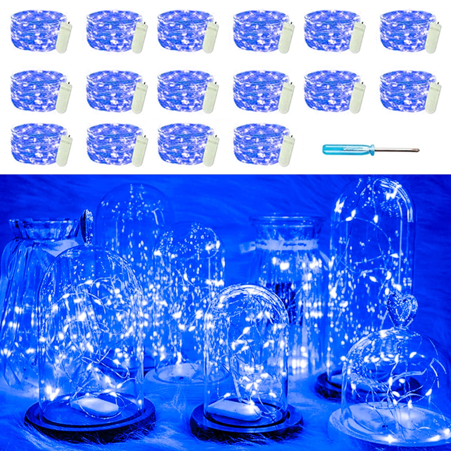 SunKite 16 Packs 20 LED Blue Fairy String Lights Battery Operated Waterproof 6.6 Feet Silver Copper Wire Firefly Starry Moon Lights for DIY Bottle Costume Wedding Party Bedroom Table Decor