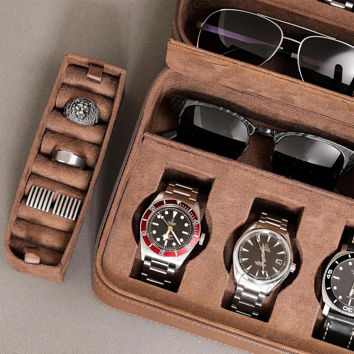 ROTHWELL 8 Watch Travel Case Storage Organizer for 8 Watches, Sunglasses, Rings & Cufflinks |Tough Portable Protection with Zipper Fits Most Wristwatches & Smart Watches Up to 50mm (Tan/Brown)