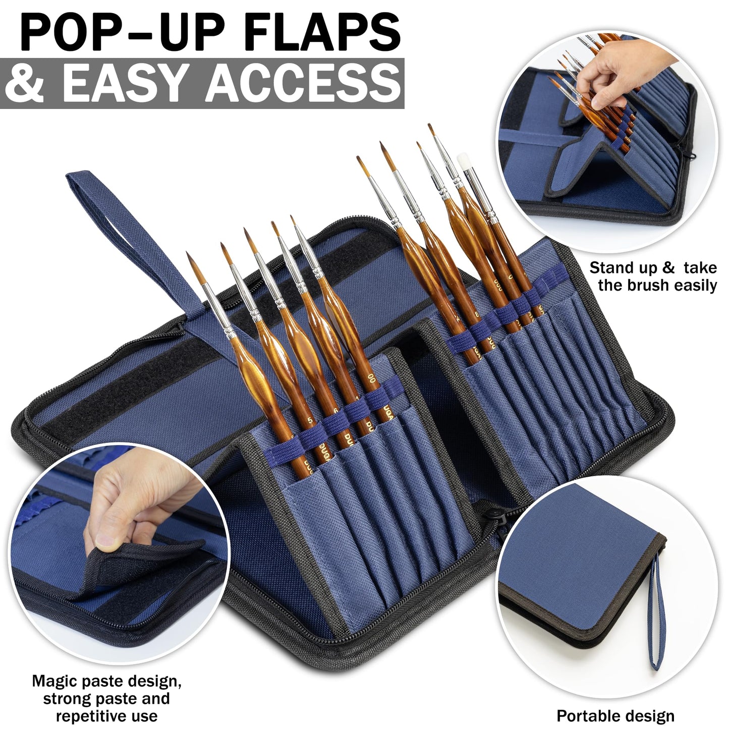 DUGATO Short Paint Brush Holder & Organizer 5.4x10.7 Inches, Blue Canvas Bag for Brushes up to 9.3" Length, Case with 15 Slots, Artist Brush Carrying Case (Brush Not Included)