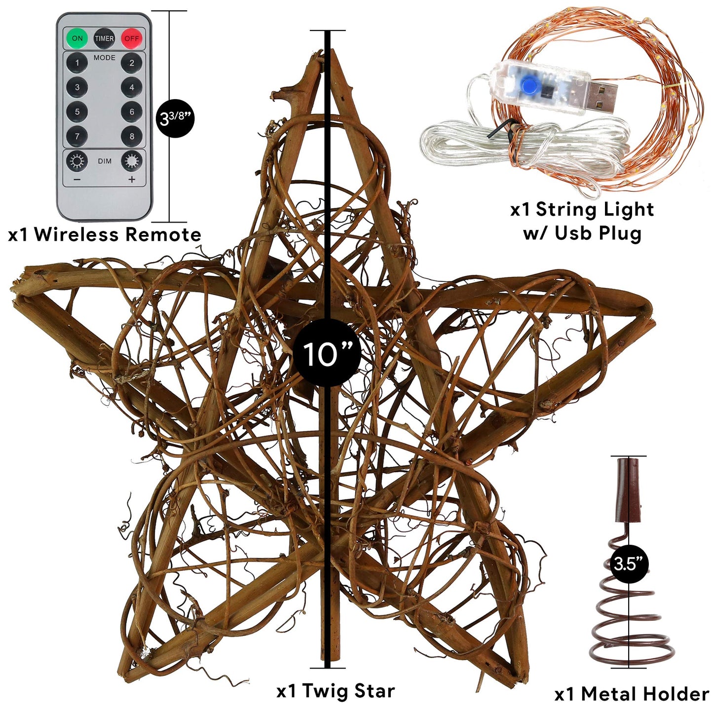 Ornativity Rattan Star Tree Topper - Christmas Rustic LED Light Up Tree Topper with Xmas Lights Holiday Decoration 12"