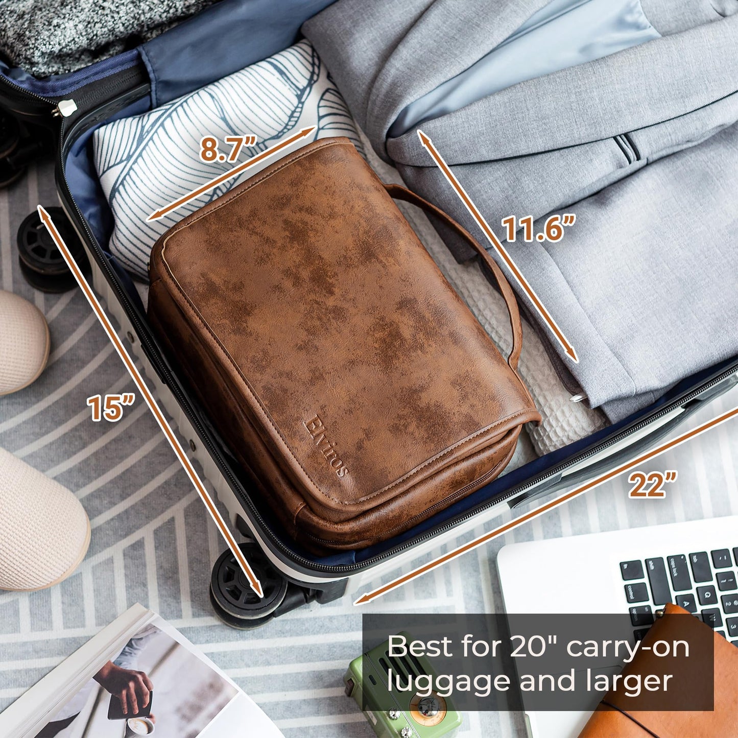 Elviros Hanging Toiletry Bag Removable Travel Bag PU leather Makeup Cosmetic Organizer Kit, Dark Brown