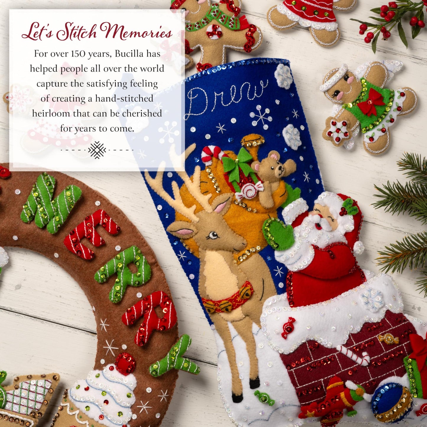 Bucilla Felt Applique 18" Stocking Making Kit, Santa's Candy Christmas, Perfect for DIY Arts and Crafts