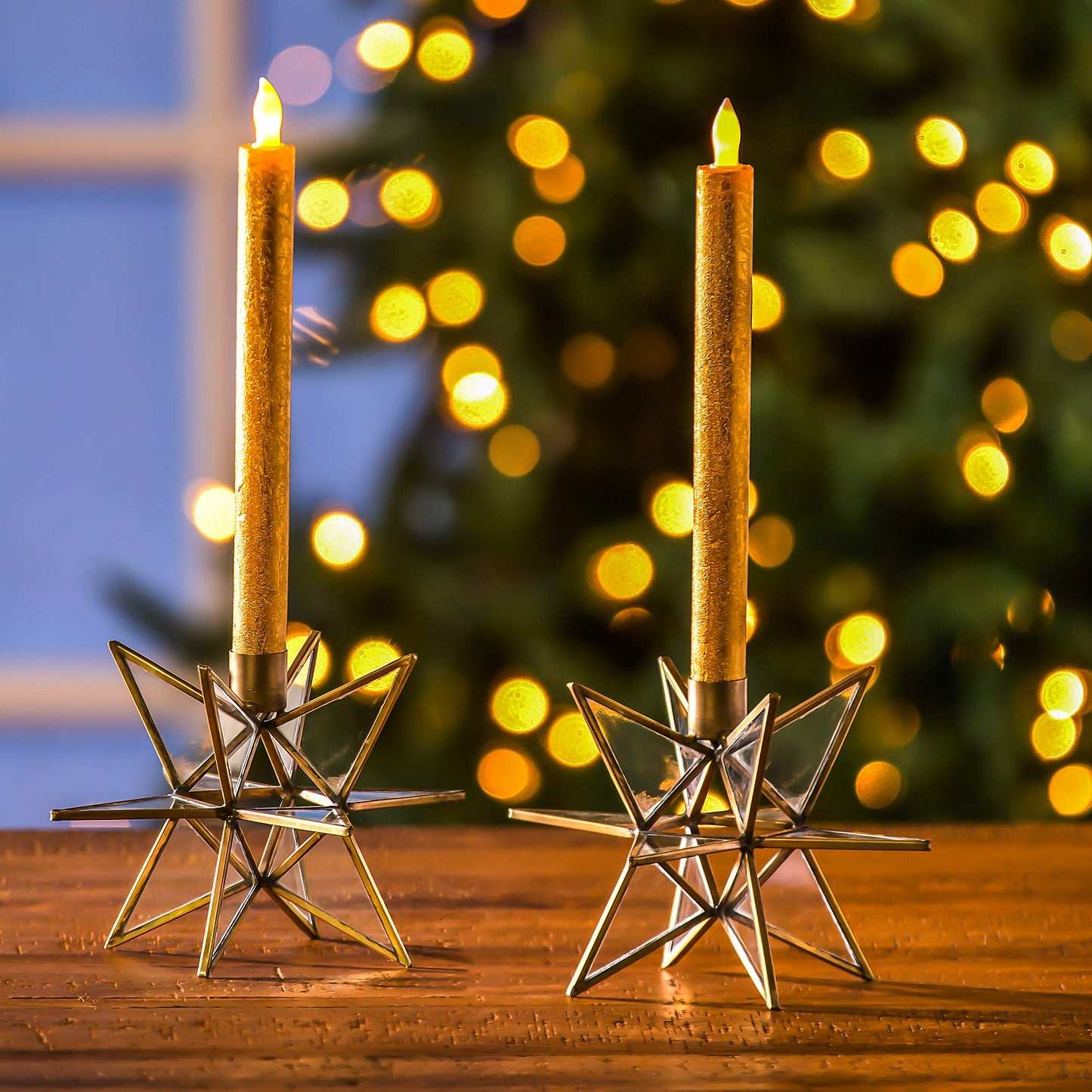 Evergreen Brass Moravian Star Taper Candle Holders | Set of 2 | 7 Inches Tall | Metal | Holiday Advent Friendsgiving Thanksgiving Christmas Table Setting Tabletop Decoration