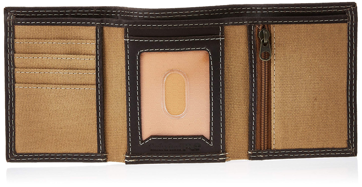 Timberland PRO Men's Canvas Leather RFID Trifold Wallet with Zippered Pocket, Khaki, One Size