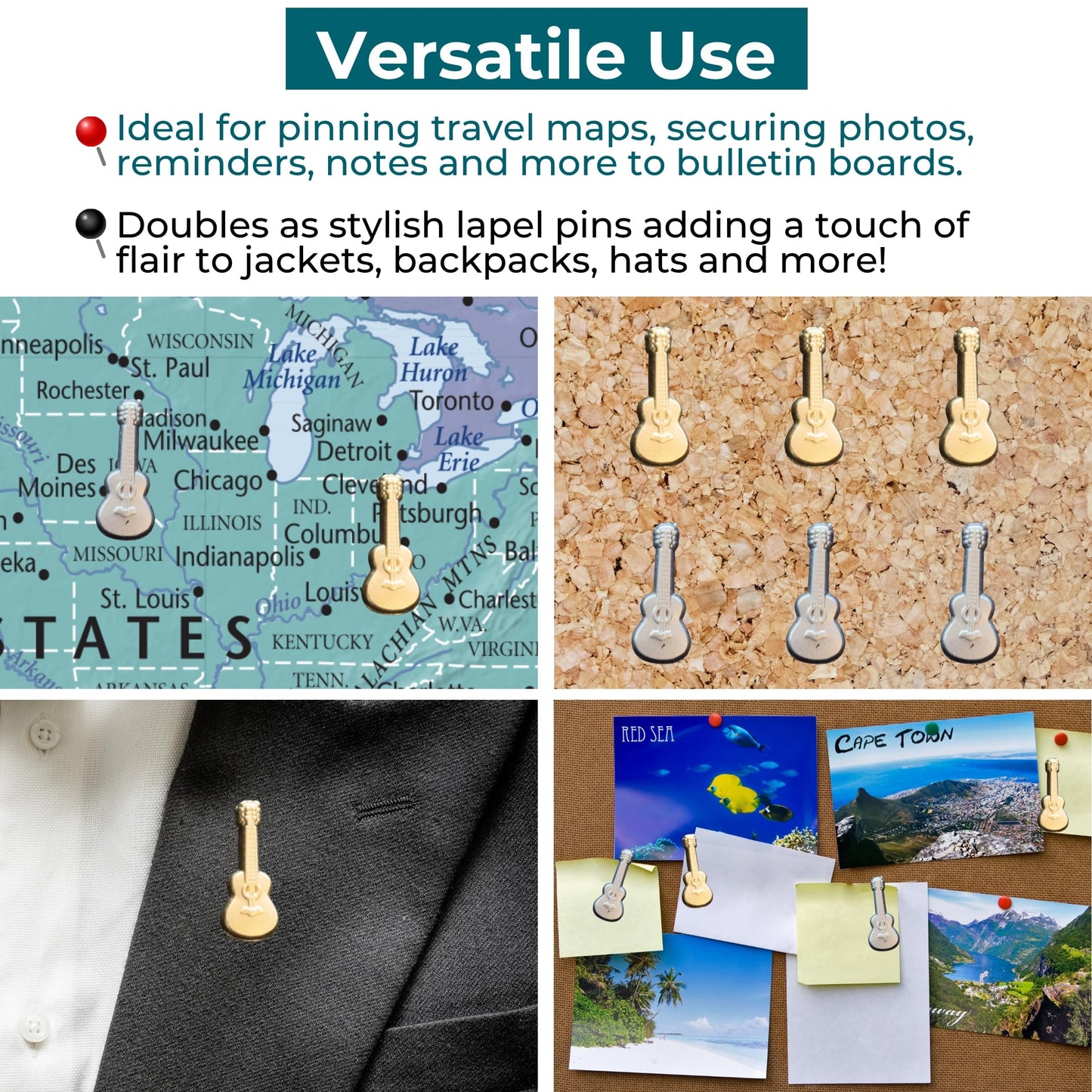 Guitar Push Pins - Gold Guitar Map Pins for Cork Boards, Maps, or Lapel Use - Designed in USA - Set of 10