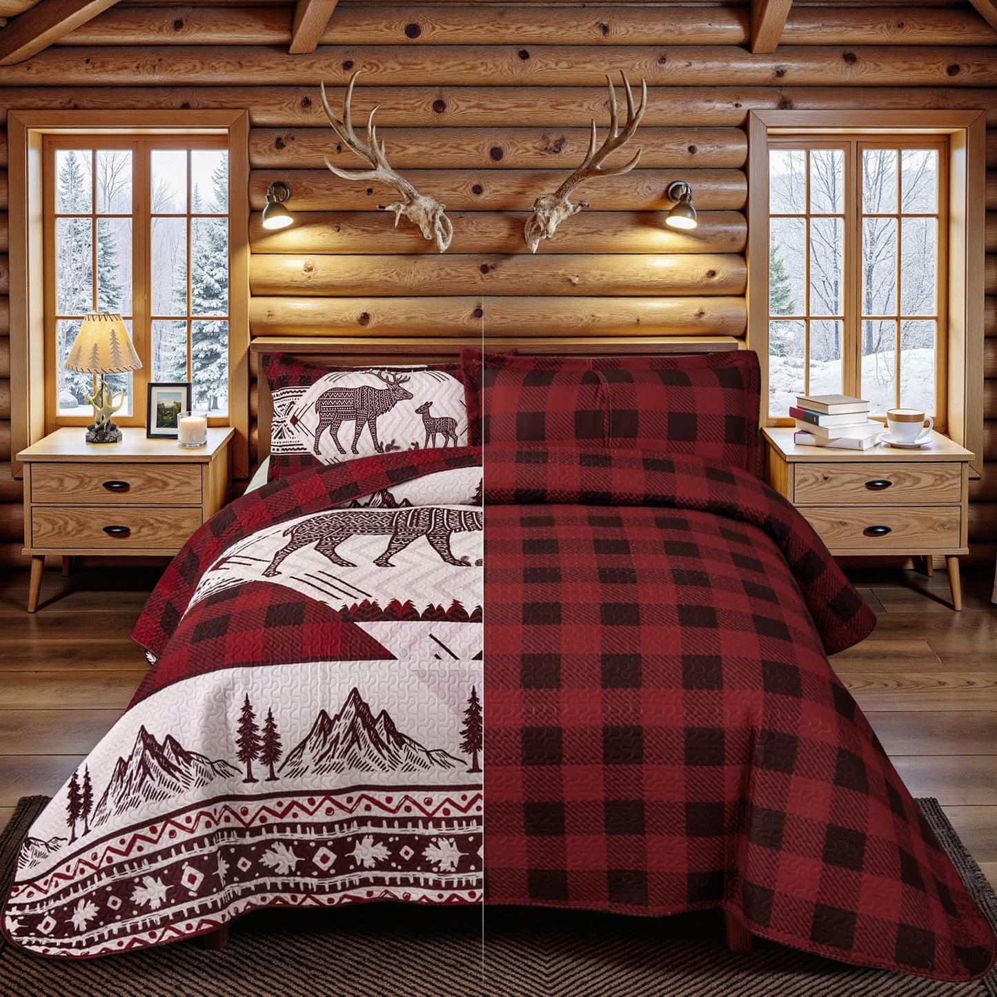 3 Piece Cabin Full/Queen Quilt Sets Christmas Rustic Reversible Microfiber Soft Lightweight Farmhouse Bedspread Comforter with 2 Shams Patchwork Country Lodge Bedding for All Season, 90''x96'', Red