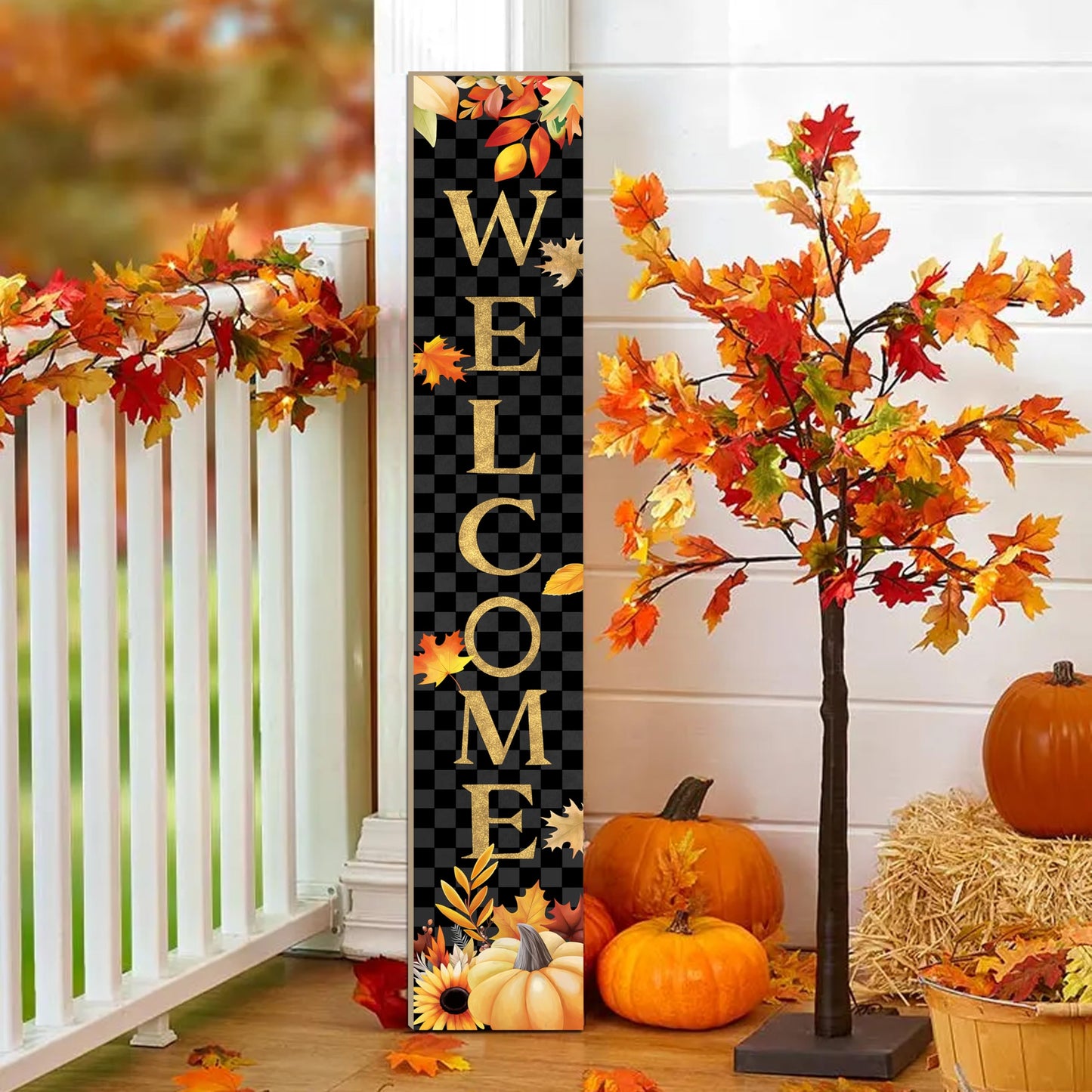 Fall Wooden Porch Sign 47" Autumn Pumpkin Maple Leaf Front Door Welcome Sign Vertical Standing Sign For Garden Home Yard Farmhouse Thanksgiving Decor