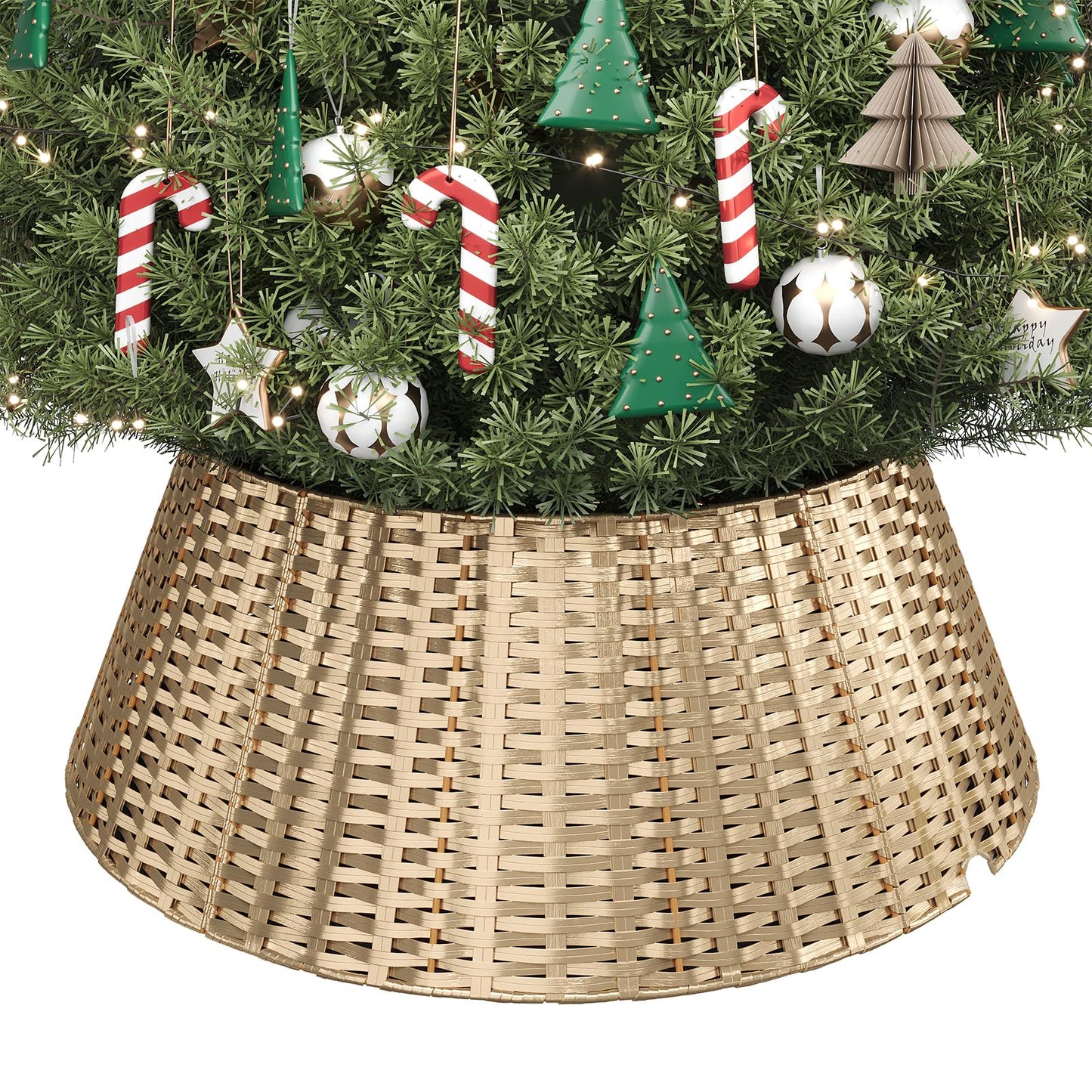 ELYKEN Gold Christmas Tree Collar, 28 Inch Woven Xmas Tree Skirt for 7.5 ft Trees, Stylish Rustic Basket for Tree Base Cover with Cord Cut-Out for Pencil Trees, Easy Assembly