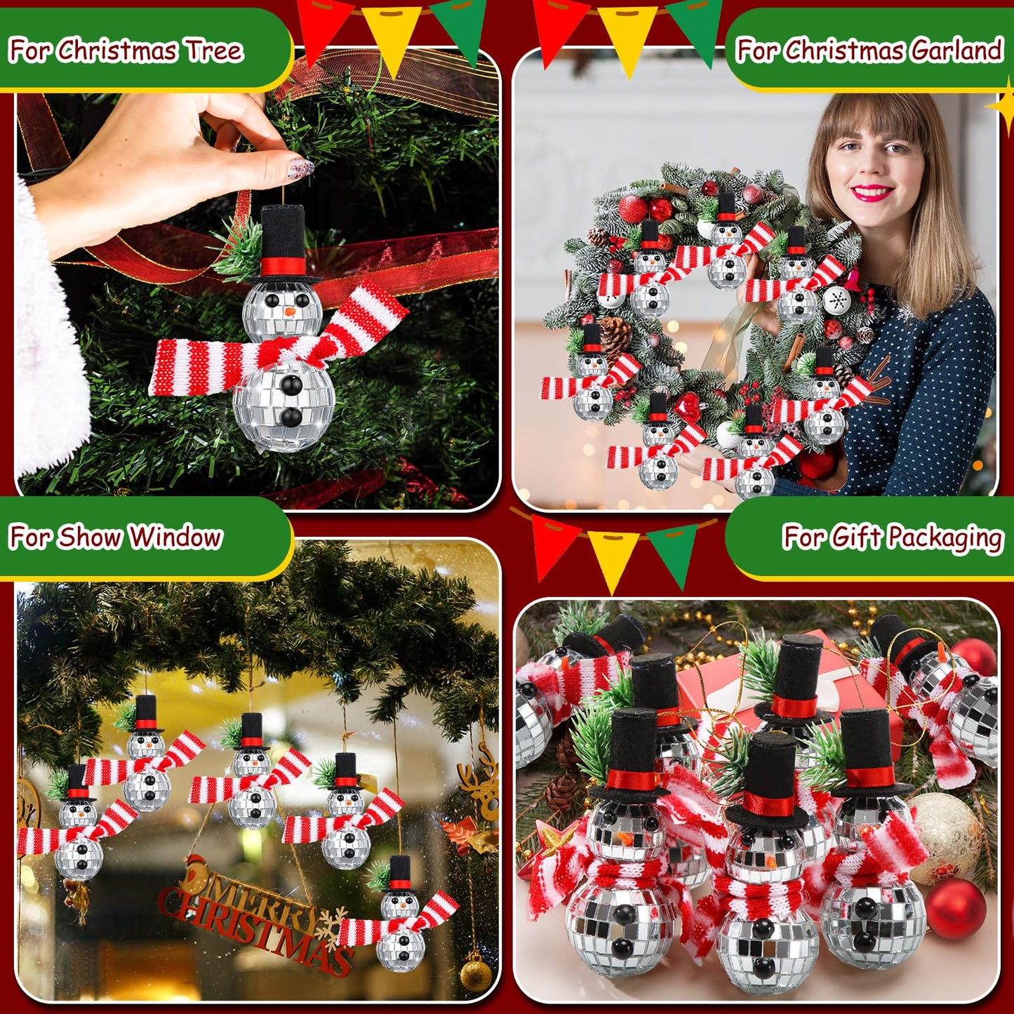 Quzzil 12 Pieces Christmas Snowman Hanging Disco Ball Decorations Reflective Mirror Snowman Hanging Ornaments with String Hats Disco Ball Decor for 70s Disco Themed Xmas Tree Wedding Party Supplies