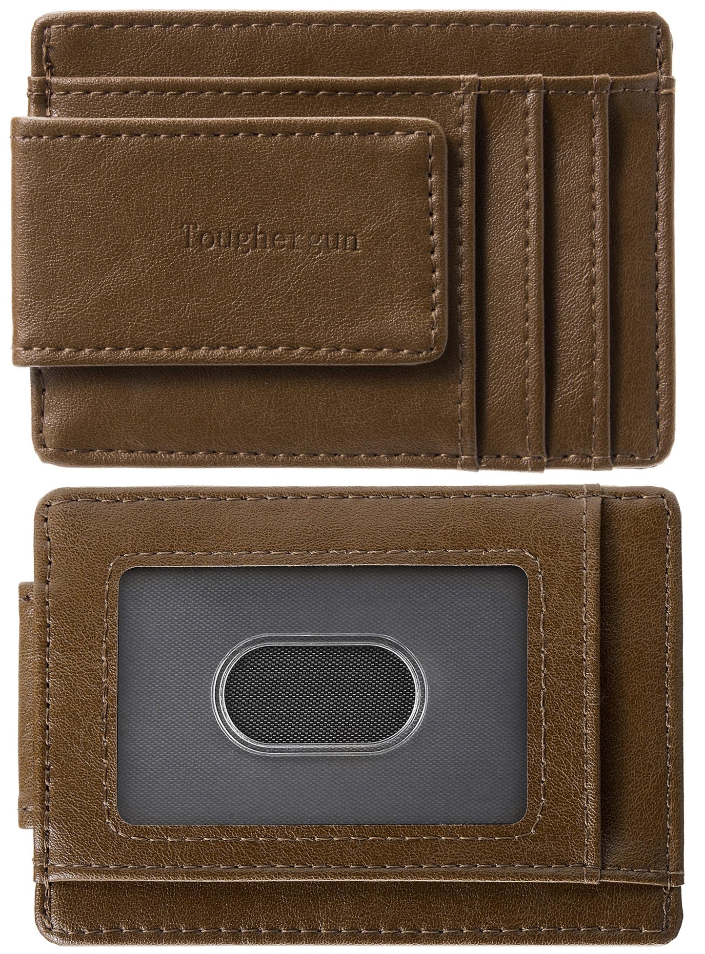Toughergun Slim Wallet for Men RFID Blocking Money Clip, Minimalist Front Pocket Credit Card Holder, Magnetic Thin Mens Wallets with ID Window（Wax Brown）