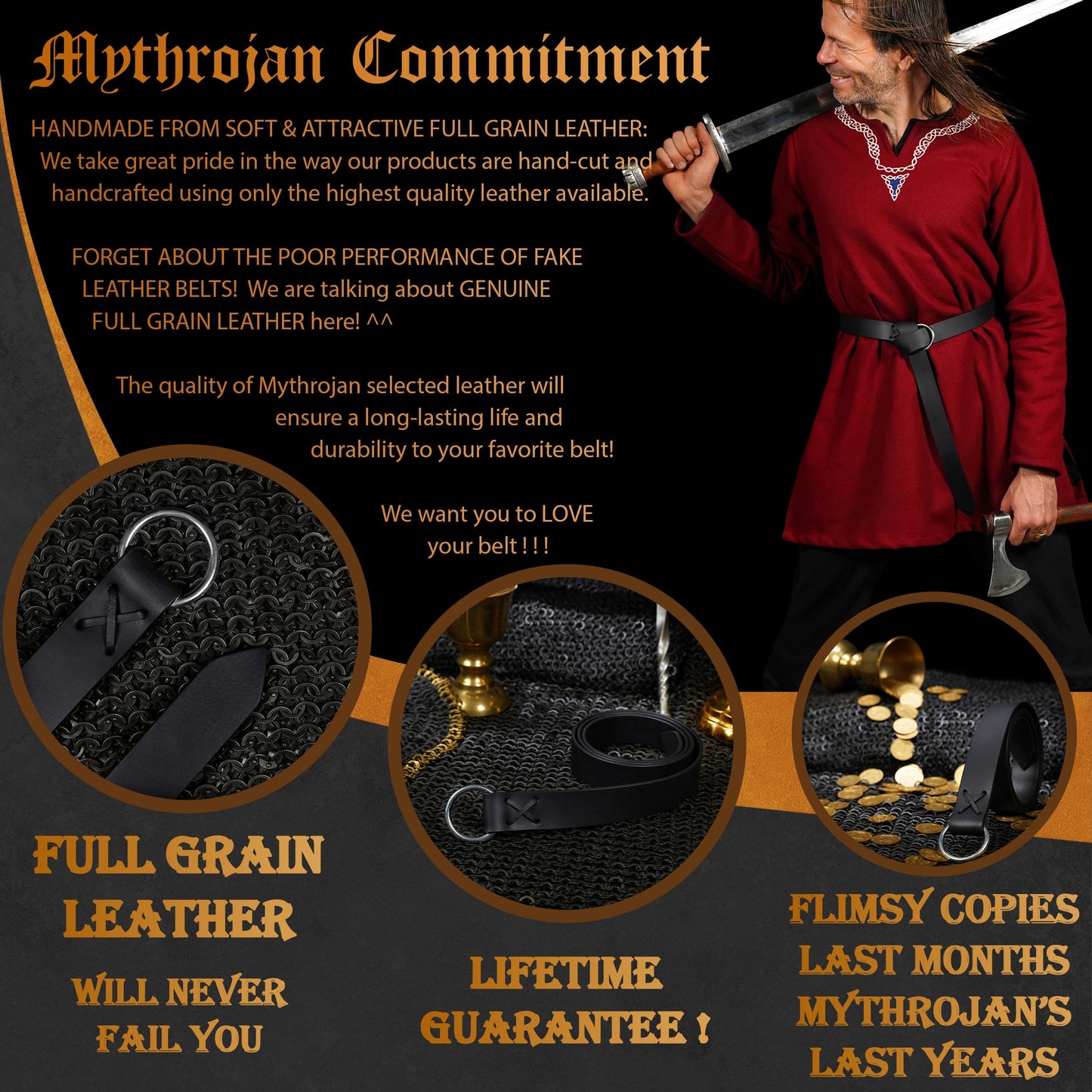 Mythrojan Medieval O Ring Belt Viking Leather Belt with 100% Genuine Leather for Medieval Events, LARP, Renaissance, Ren Faire, Halloween Parties - Black, 50 Inches
