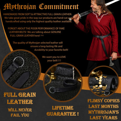 Mythrojan Medieval O Ring Belt Viking Leather Belt with 100% Genuine Leather for Medieval Events, LARP, Renaissance, Ren Faire, Halloween Parties - Black, 50 Inches
