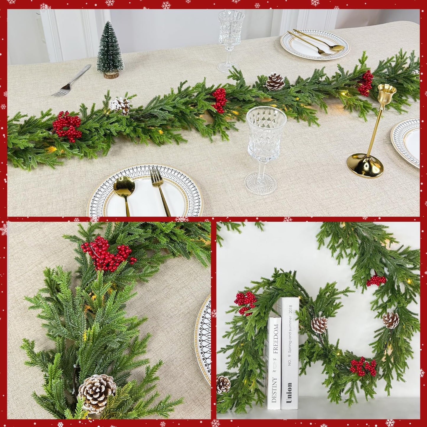 6FT Pre-lit Christmas Cedar Garland with 20 Warm White LEDs Timer Red Berries Pinecones and Soft Vine, Lighted Christmas Garland for Mantle, Table, Fireplace, Wall, Stairs, Indoor, Outdoor Xmas Decor