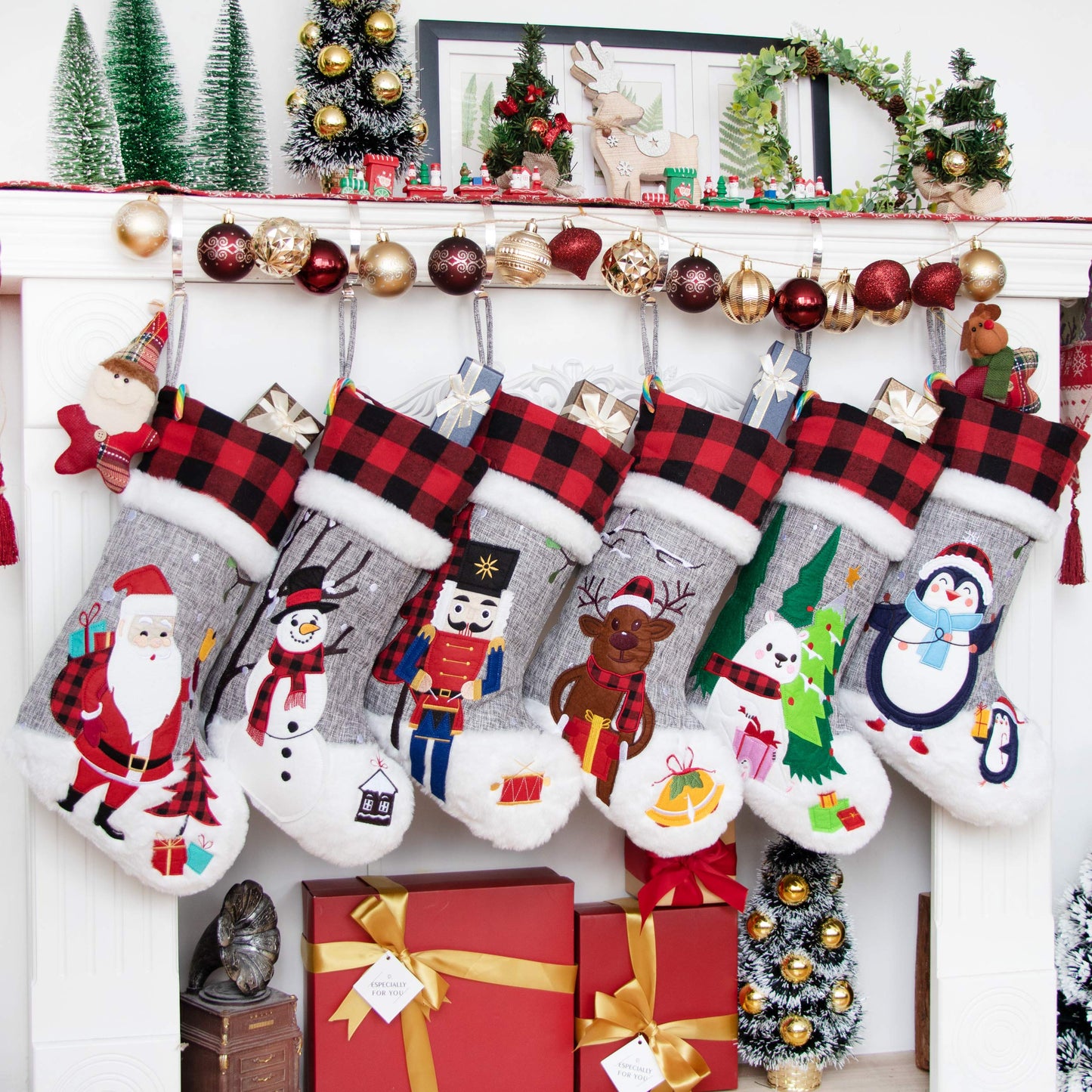 BHD BEAUTY Set of 6 Christmas Stockings Gray Burlap Buffalo Red Plaid Soft Faux Fur 20 Inches Lovely Embroidery Pattern for Family Decorations Hanging Ornament for Xmas Holiday Party