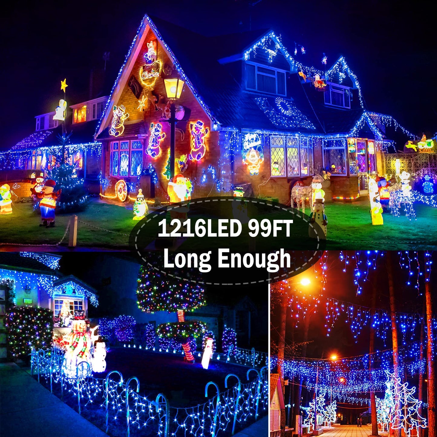 Christmas Lights Outdoor Decorations 1216 LED 99ft 8 Modes Curtain Fairy String Light with 228 Drops, Clear Wire LED String Light Indoor Decor for Wedding Party Holiday Christmas Decoration Blue