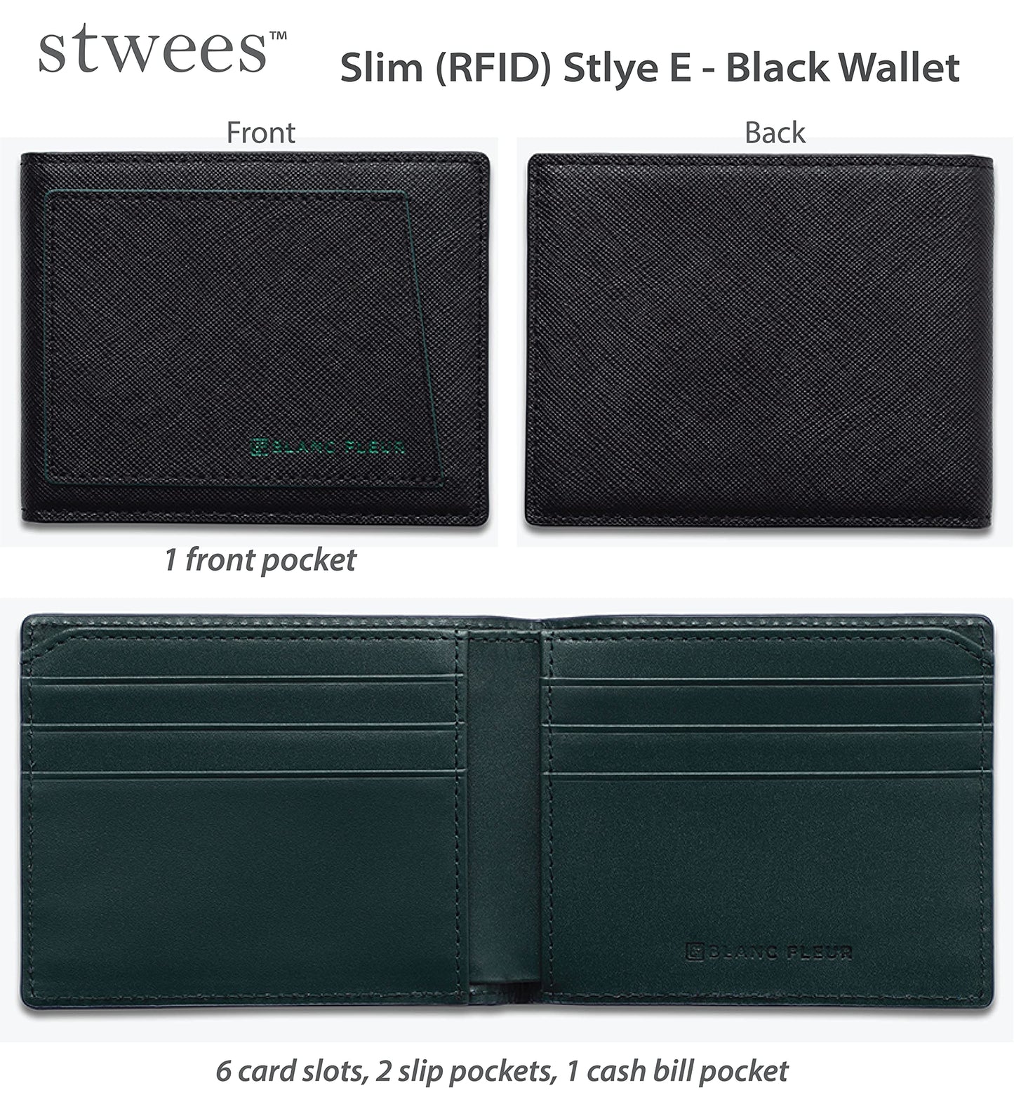 maskfactory stwees bifold leather wallets - Ultra slim, RFID, Front pocket, slim, ID window (Pocket style E, Black)