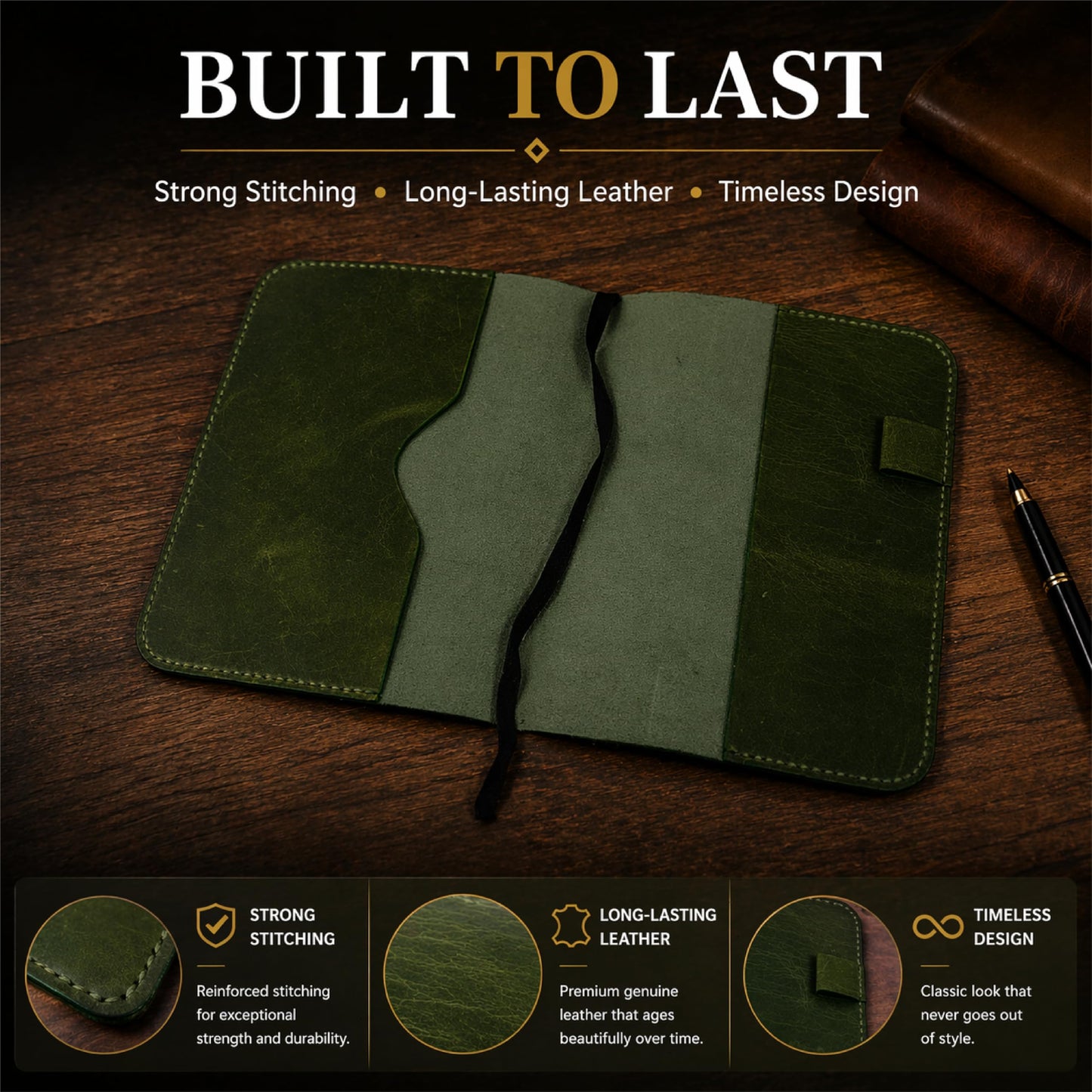 TheAntiq Premium Leather Journal Cover A5 – Handmade Refillable Notebook Cover Sleeve with Pen Holder for Writing, Travel & Business Use 5.75 x 8.25 (Green)