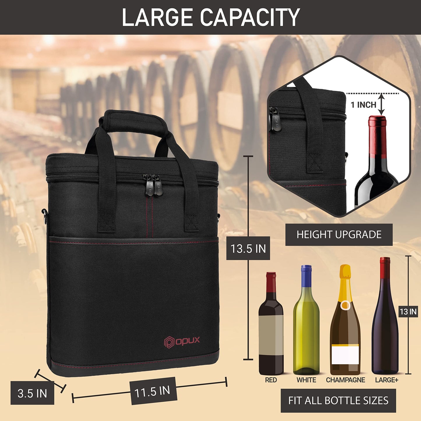 opux 3 Bottle Wine Carrier Tote, Insulated Leakproof Wine Cooler Bag, Wine Travel Bag Tote for Picnic BYOB Beach, Portable Wine Bottle Carrying Case, Gift for Wine Lover Women Men Christmas, Black