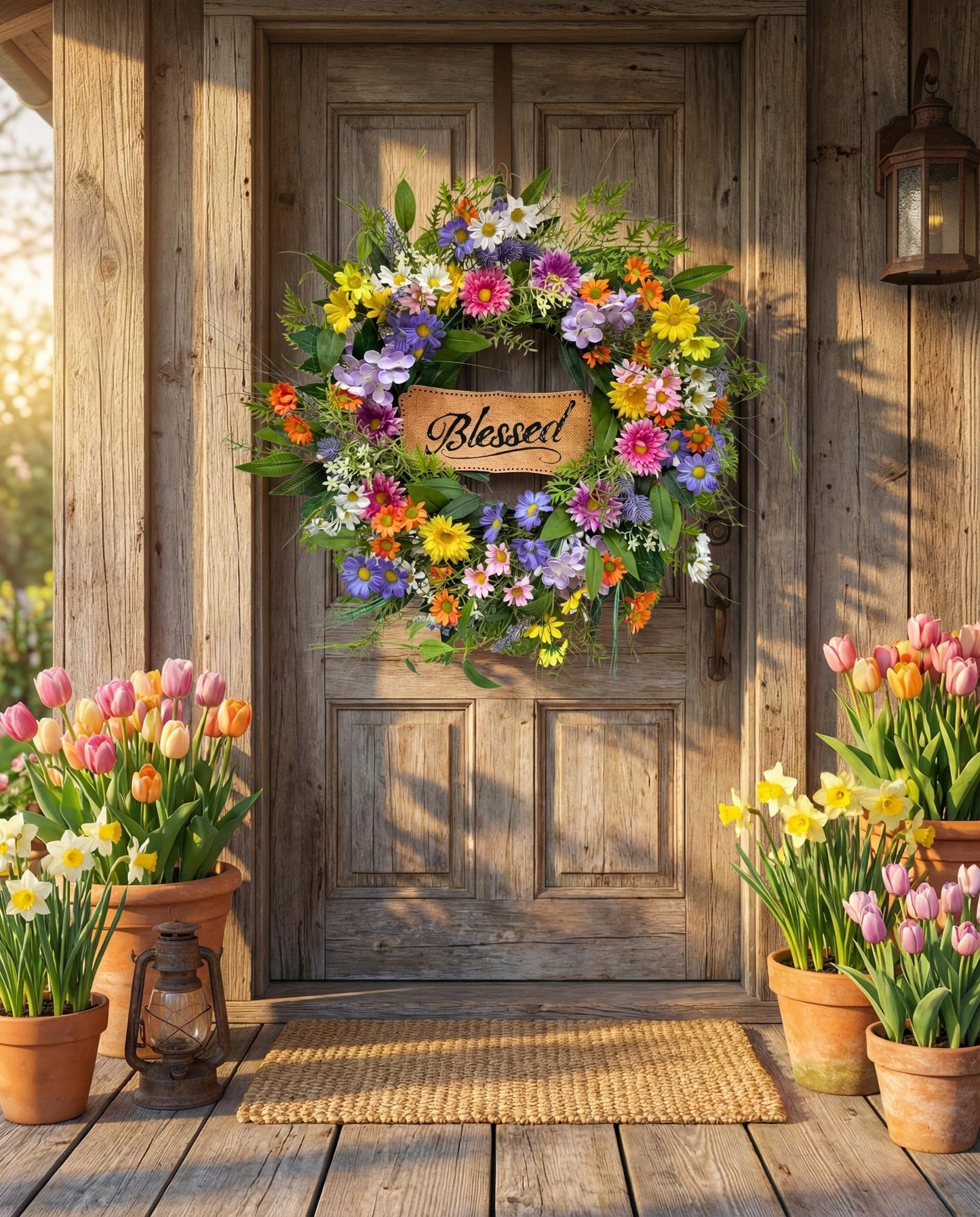 Lnymura 22 Inch Spring Summer Blessed Wildflower Wreath for Front Door Wall
