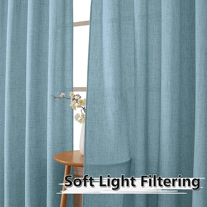 Tollpiz Linen Curtain Bedroom Rod Pocket Semi Sheer Curtains Burlap Light Filtering Thick Linen Drape for Living Room, 54 x 63 inches Long, Dusty Blue, Set of 2 Panels