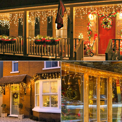Hopolon 33FT 360L LED Christmas Icicle Lights Outdoor Waterproof,8 Modes Plug in Curtain String Lights with 60 Drops for Wedding, Party, Bedroom, Home, Garden, Wall Decorations(Warm White)