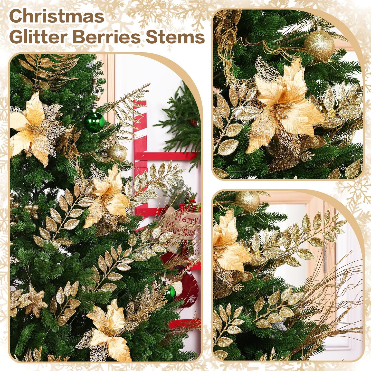 60 Pcs Christmas Tree Decorations Champagne Christmas Picks and Sprays 9 Style Xmas Ornaments of Glitter Poinsettia Flowers Artificial Branches Fern Berry Stems for Vase Fillers Wreath Holiday Party