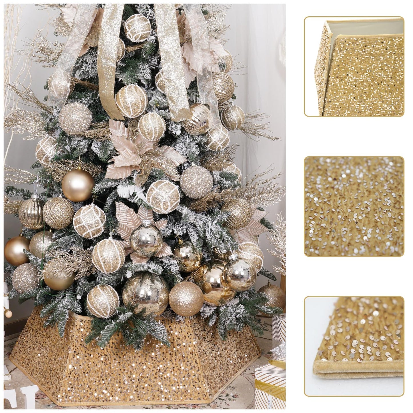 Champagne Gold Christmas Tree Collar with Sparkling Sequins,Christmas Tree Collars for Atificial Trees, 33.5 Inch Christmas Tree Skirt, Xmas Tree Stand Base Cover,Holiday Home Decor Tree Ring(Large)