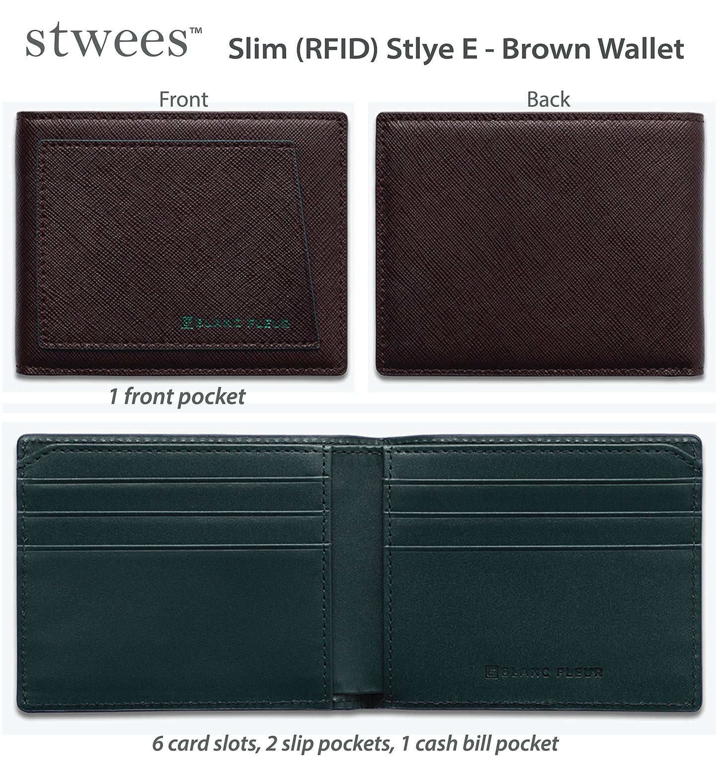maskfactory stwees bifold leather wallets - Ultra slim, RFID, Front pocket, slim, ID window (Pocket style E, Brown)