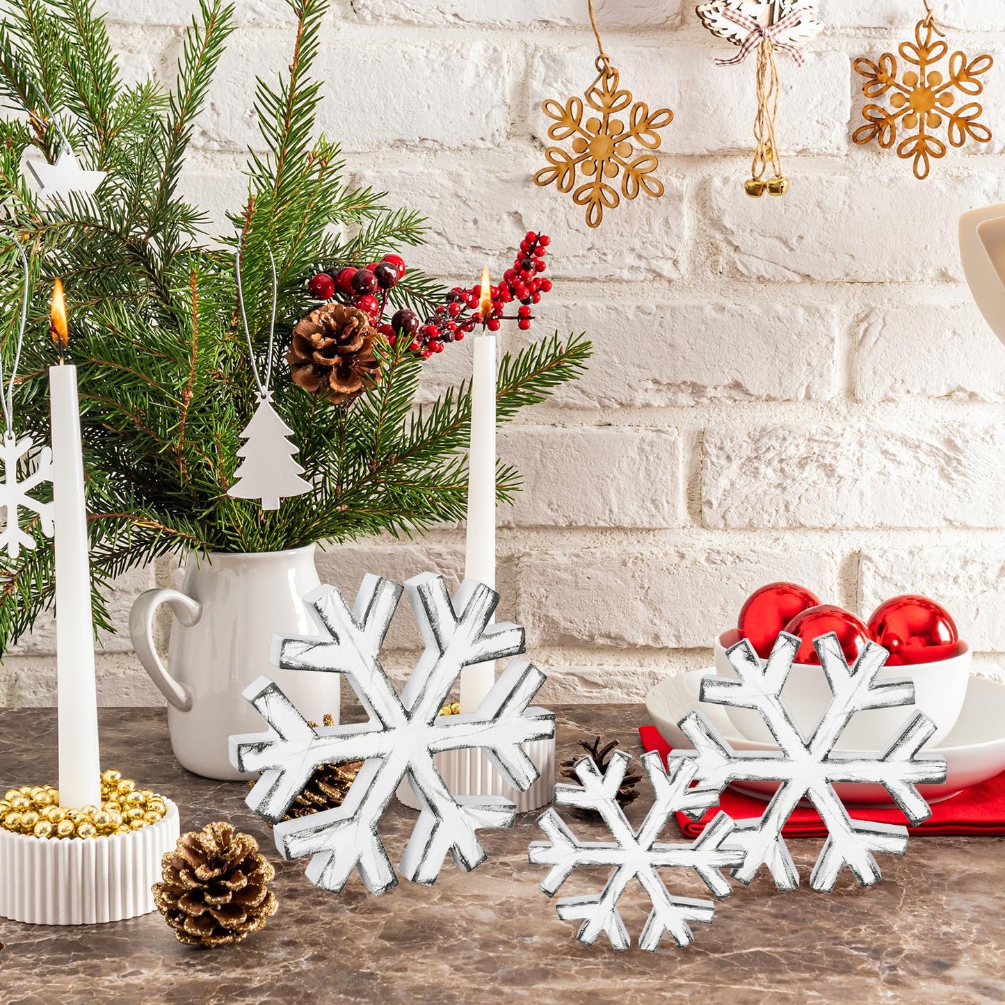 Whaline Winter Snowflake Wooden Table Decor Christmas Retro Snowflake Block Signs Tabletop Centerpiece 3 Sizes Farmhouse Snow Flake Tiered Tray Decor for Holiday Home Party Decor, 3Pcs