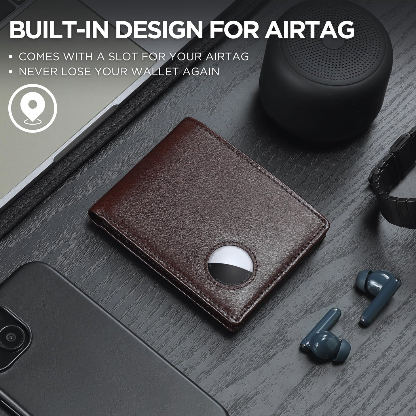 KLOMORE AirTag Chain Wallets for Men (Airtag Not Included), Sleek and Slim, RFID Blocking Genuine Leather Bifold Mens Wallet Includes ID Window Credit Card Holder with Sturdy Chain