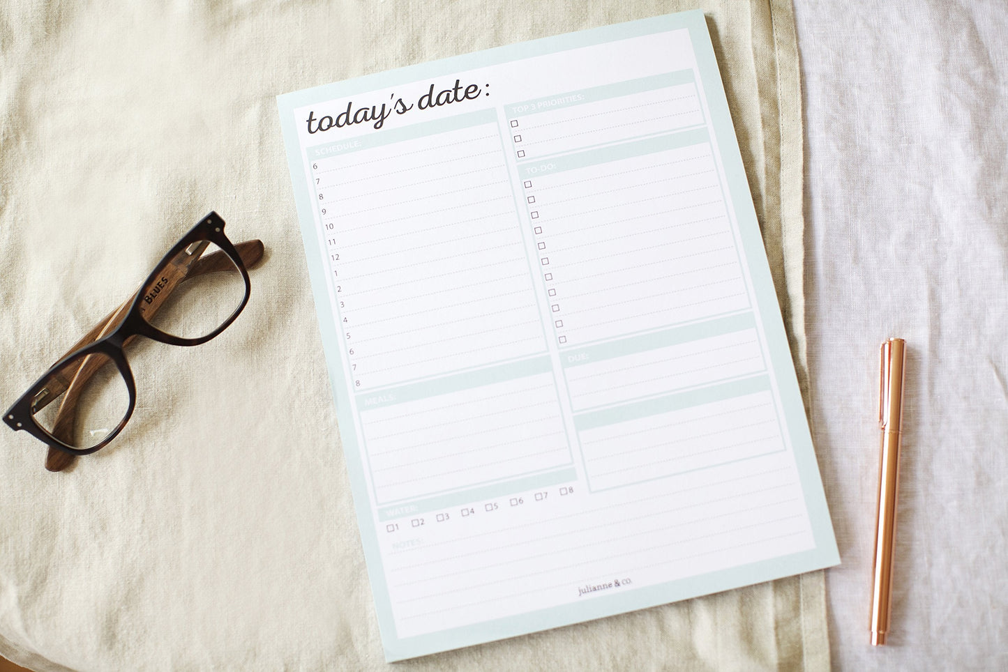 JULIANNE & CO Daily To-Do Undated Tear-Away Planner Notepads - Premium Personal Organizer for Home, Office, Work, School - 50 Pages for Daily Tasks, Notes, Water Intake and Meal Prep (8.5 x 11)