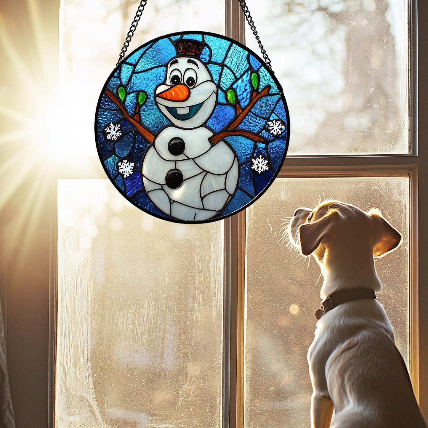 JOSUMALY Stained Glass Window Hanging Christmas Funny Snowman 6.3" - Suncatcher Door Garden Blue White Snowflakes Sun Catcher New Year Birthday for Friend Mom Men Woman Nana