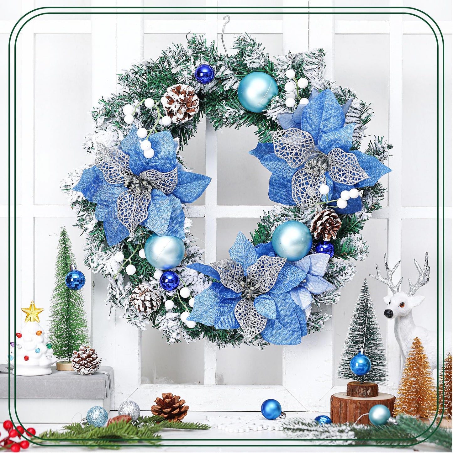 Knitgrip Pre-Lit Christmas Wreaths for Front Door 13.7 Inches Christmas Wreath with Ball Ornaments 20 LED Lighted Hoop for Outdoor Wall Window Fireplace (Blue,Blue Flower Style)
