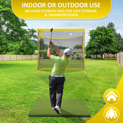 Golf Hitting Net with Extra Striking Net, 10x7ft Heavy Duty Golf Practice Net for Golfer Backyard Driving Swing, Golf Impact Net Cage Metal Frame with Storage Bag and Elevated Base, Indoor Outdoor Use
