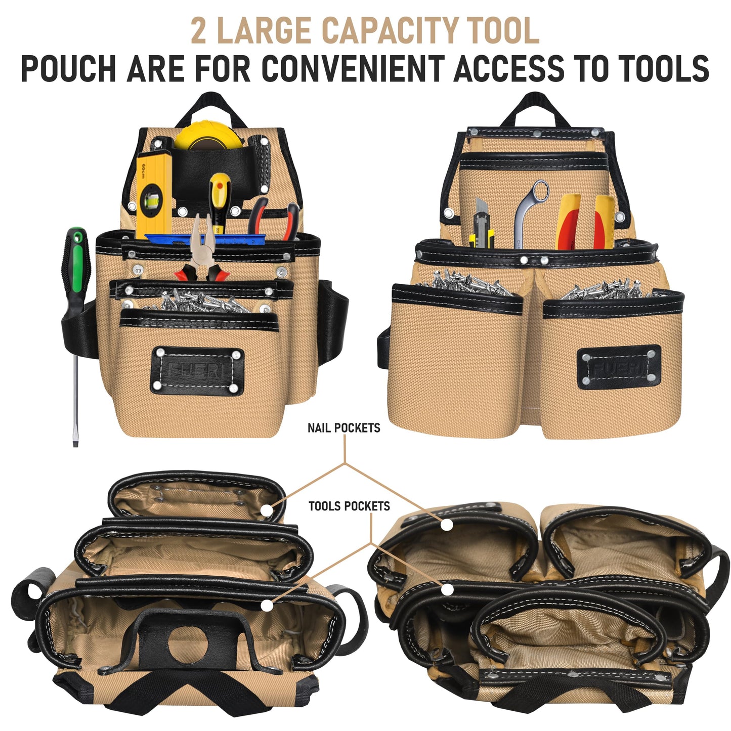 FUERI Electrician's Heavy Duty 26 Pocket Leather-Nylon Tool Belt & Suspender Combo, Comfort Back Support Padded Belt, 2 Large Storage Capacity Pouches, Best for Framers, Carpenter, Roofing