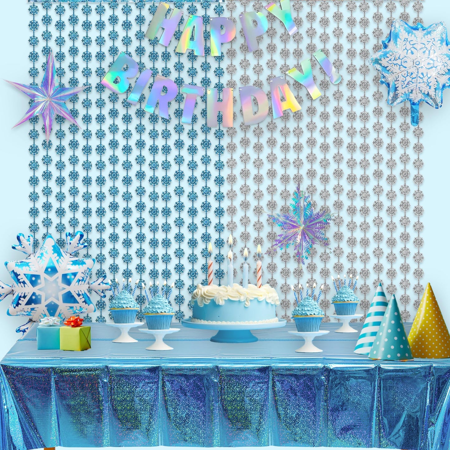 Silver Blue Snowflake Fringe Curtain - GREATRIL Winter Onederland Streamers Backdrop with Sparkling Snowflake for Christmas Birthdays Party Decoration -3.2ft x 6.5ft - 2 Pack