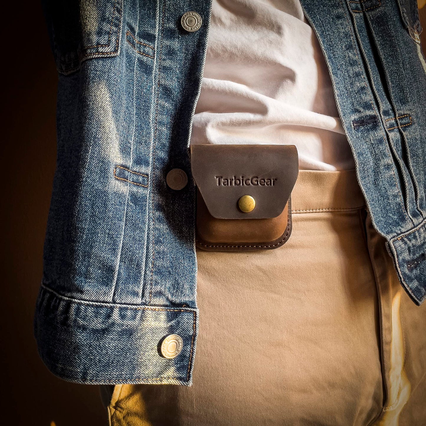TarbicGear Belt Clip Airpod Case, Universal Leather Belt Holster for Airpod Pro, Samsung Galaxy Buds and Beats Studio Buds, Real Leather Earbuds Pouch for Belt, Brown Color