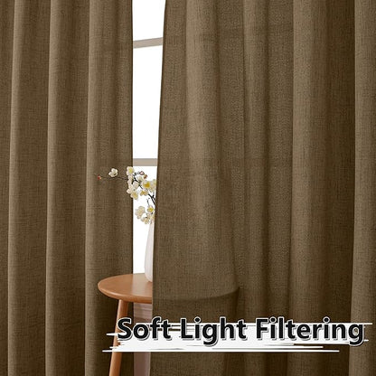 Tollpiz Short Linen Curtains Bedroom Rod Pocket Semi Sheer Curtain Burlap Light Filtering Thick Linen Drapes for Living Room, 38 x 45 inches Long, Brown, Set of 2 Panels