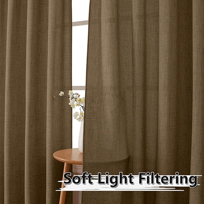 Tollpiz Short Linen Curtains Living Room Rod Pocket Semi Sheer Curtain Burlap Light Filtering Thick Linen Drapes for Bedroom, 54 x 54 inches Long, Brown, Set of 2 Panels